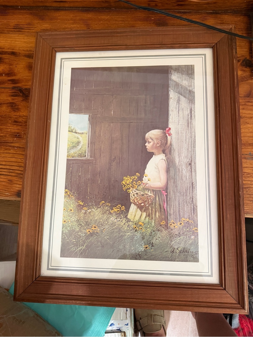 Unsigned Vintage-Style Girl with Flowers Print in Brown Frame